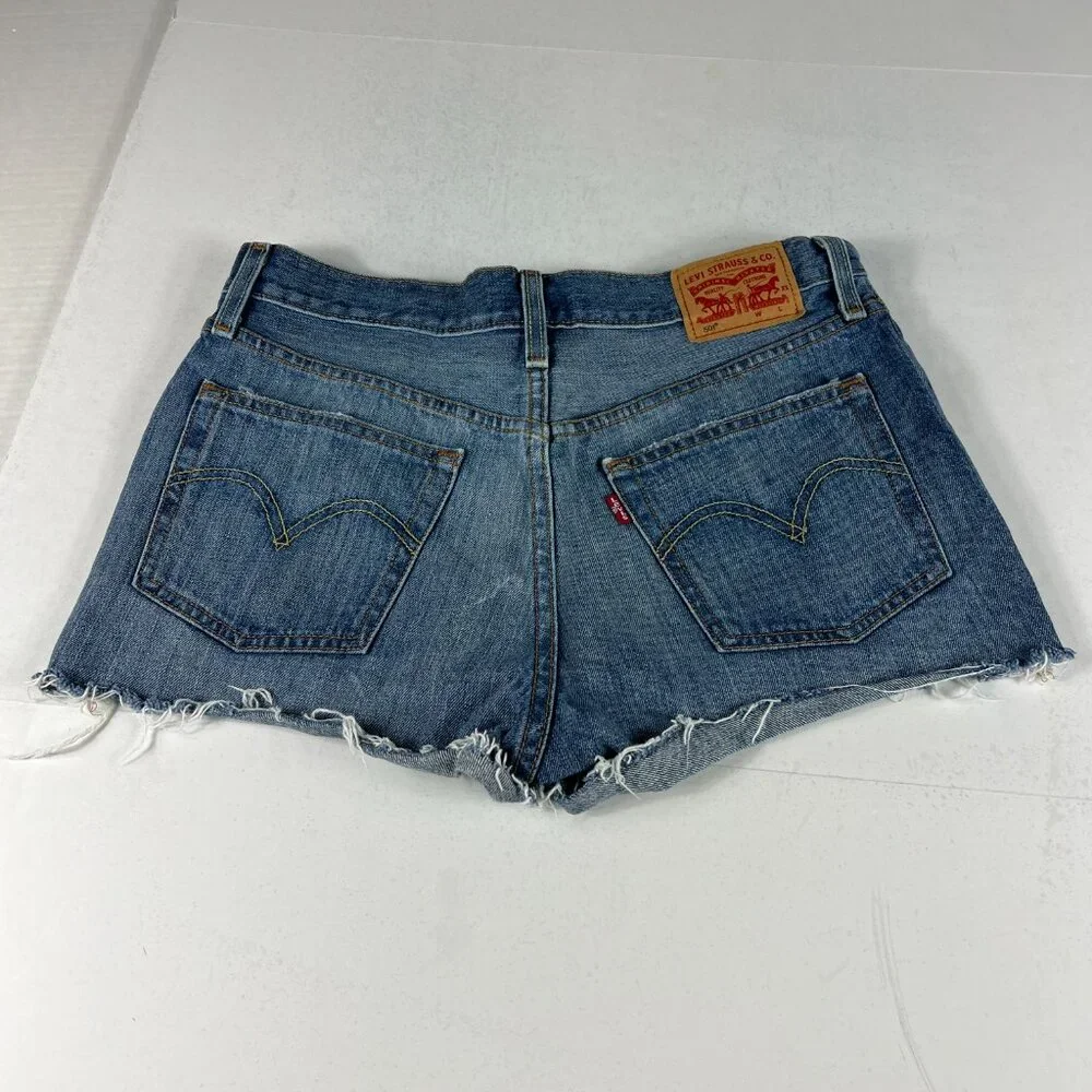 Levi's Jean Short Women 28 501 High Rise Blue Whisker Cut Off Cotton Denim Jorts - Picture 8 of 16